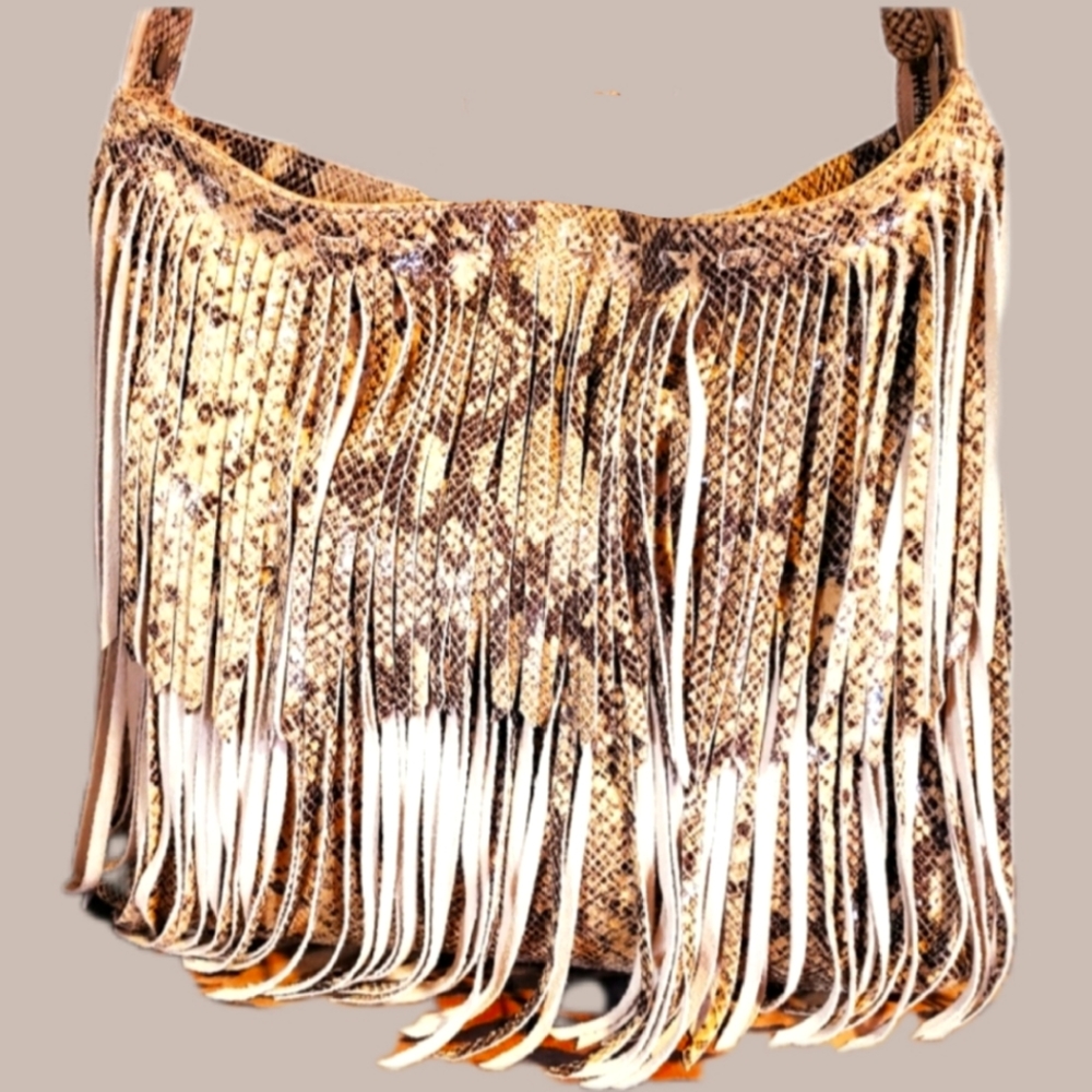 *SOLD**Camila Alves MUXO Snakeskin Fringe Leather Handbag EUC